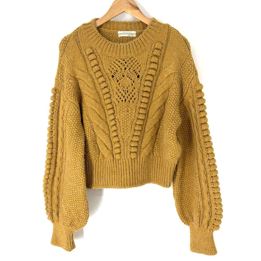 Anthropologie Sweater Size Medium Brown Cable Chunky Knit Bubble Sleeve Crop